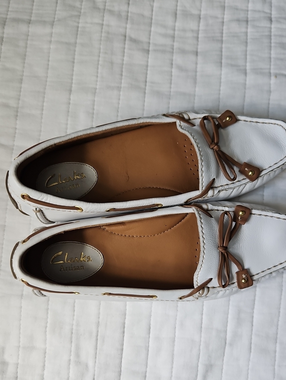 Clarks ArtisanWhite Leather Boat Shoes with Tan Trim
